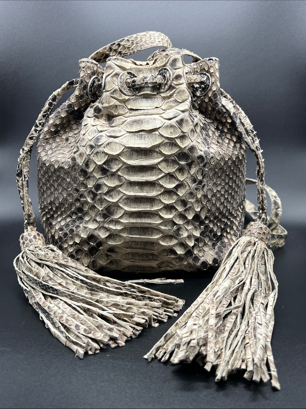 Presmer Genuine Python Mini Bucket Bag Tassel Crossbody Exotic Leather Taupe
